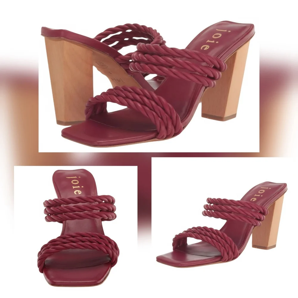 JOIE Giulianna LEATHER Braided Strappy Mule Wood Block Heel Sandals 8 M Wine Red - Picture 3 of 16